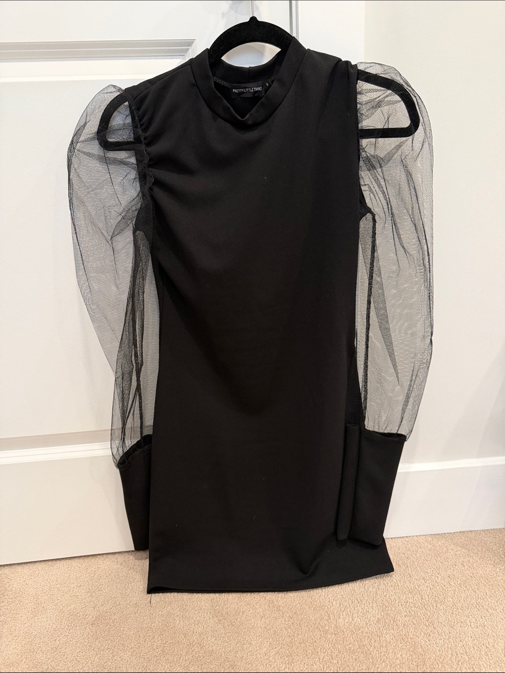 Pretty Little Thing Black Mini Dress with Sheer Puff Sleeves